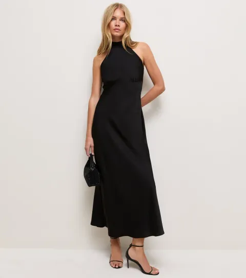 Women's Black Halter Neck Satin Maxi Dress