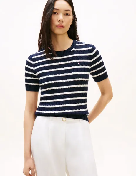 Tommy Hilfiger Pure Cotton Cable Knit Striped Knitted Top Navy Mix