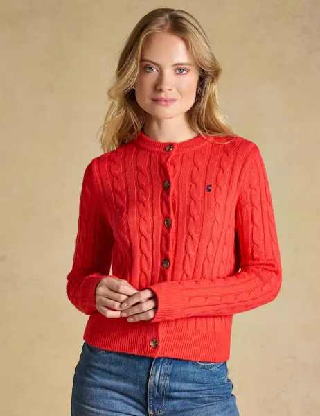 Joules Cable Knit Button Up Cardigan with Wool Red Mix