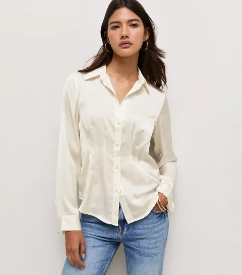 New Look Women's Cream Satin Pleated Waist Shirt