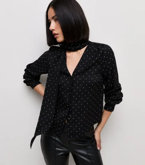 Women's Black Woven Spot Print Pussybow Blouse