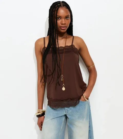 New Look Women's Dark Brown Longline Lace Trim Cami Top