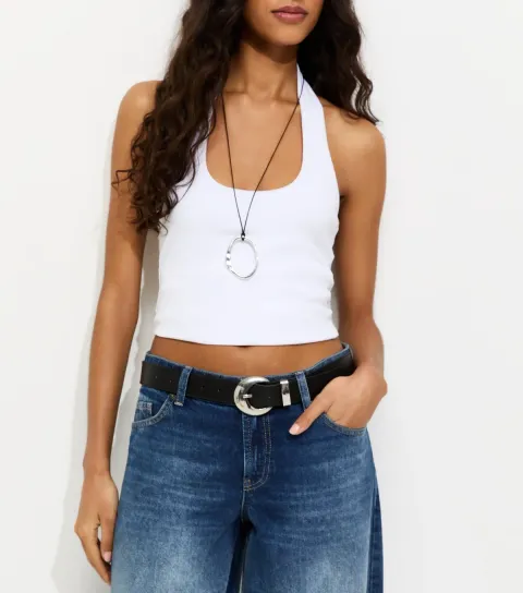 Black Faux Leather Crescent Buckle Belt