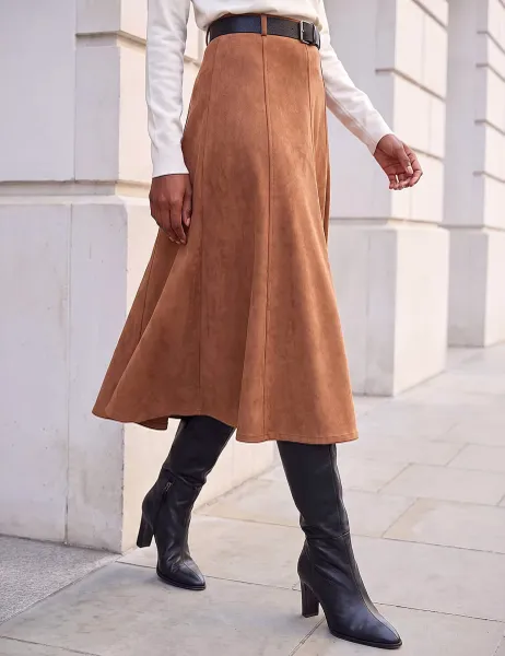 Roman Belted Suedette Midi Skirt Dark Orange