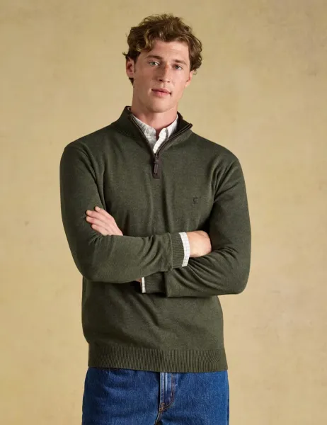Joules Pure Cotton Textured Funnel Neck Half Zip Jumper Green