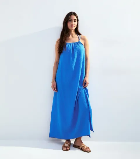 Women's Blue Textured Beaded Strap Beach Maxi Dress