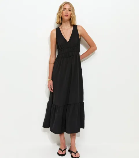 New Look Women's Black Ruched Waist V-Neck Midi Dress