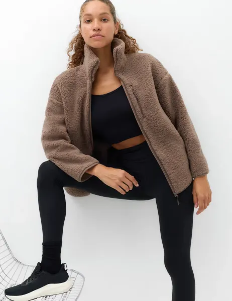 Goodmove Borg Zip Up Longline Fleece Jacket Soft Brown