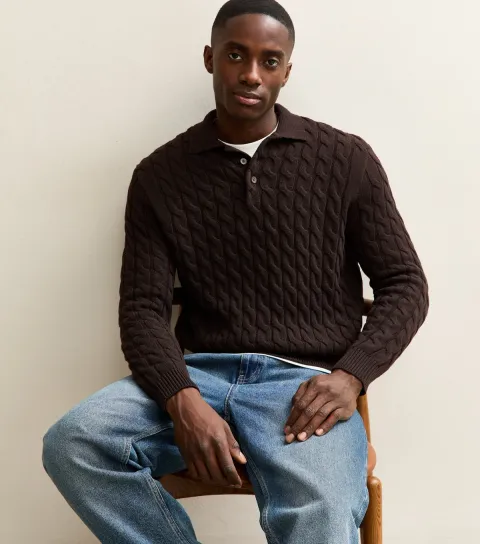 Men's Dark Brown Regular Polo Cable Knit Jumper
