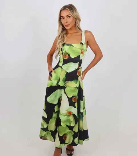 Women's Black Floral Square Neck Midi Dress