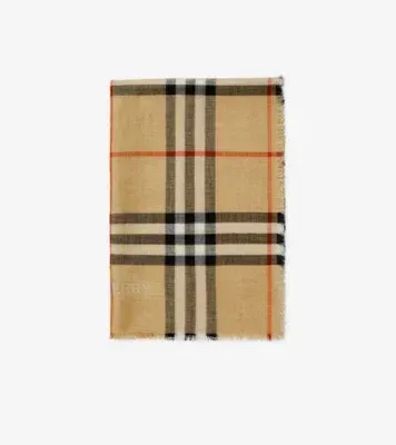 Wide Reversible Check Wool Silk Scarf in Sand beige/lichen beige