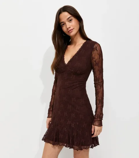 Women's Dark Brown FloralV Lace V-Neck Long Sleeve Mini Dress