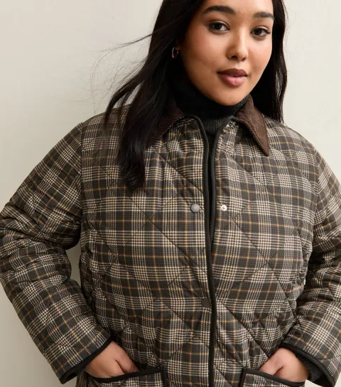 Women's Plus Size Brown Checked Quilted Padded Jacket Curves