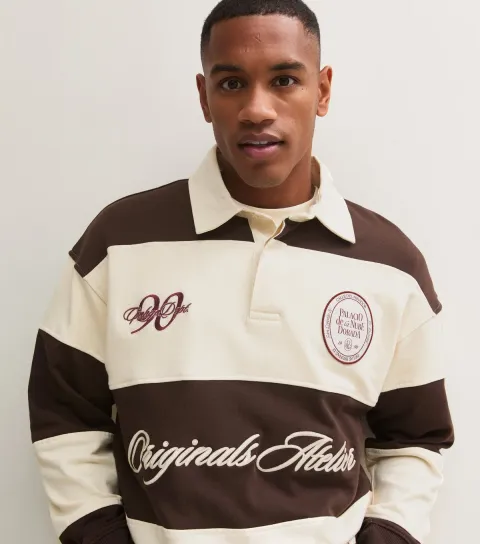 Jack & Jones Men's Dark Brown Striped Graphic Embroidered Polo Long Sleeve Top