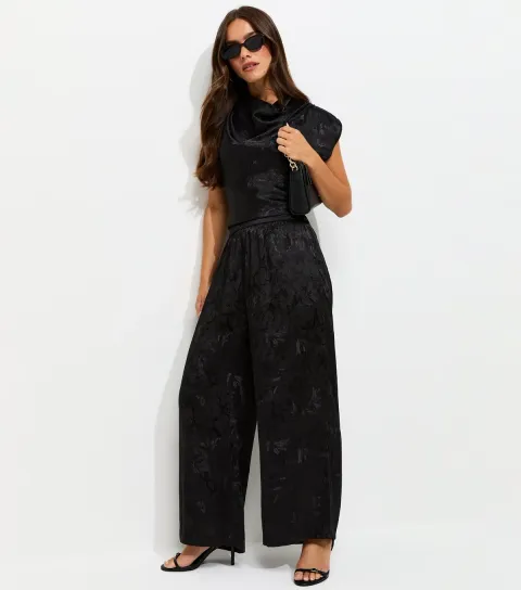 New Look Women's Petite Black Satin Jacquard Wide Leg Trousers