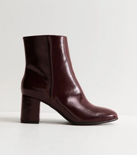 Women's Wide Fit Dark Burgundy Patent Faux Leather Block Heel Ankle Boots Vegan