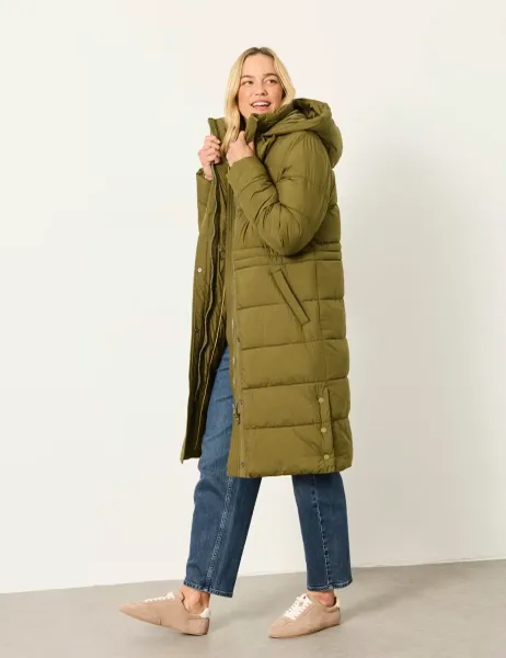 FatFace Hooded Longline Puffer Coat Green