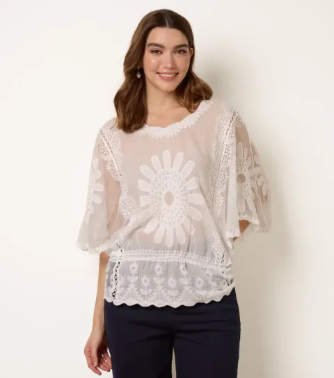 Women's Off White Embroidered Sunflower Blouse