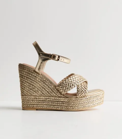Women's Wide Fit Gold Faux Leather Braided Wedge Sandals Vegan
