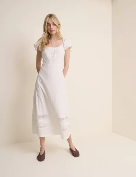 Nobody's Child Pure Cotton Lace Insert Midi Waisted Dress White