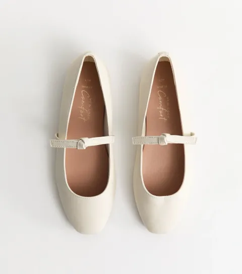 Women's Wide Fit Off White Faux Leather Bow Strap Mary Jane Flats Vegan