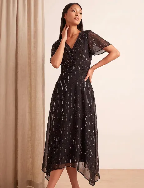 Roman Petite Foil Print V Neck Midi Dress Black