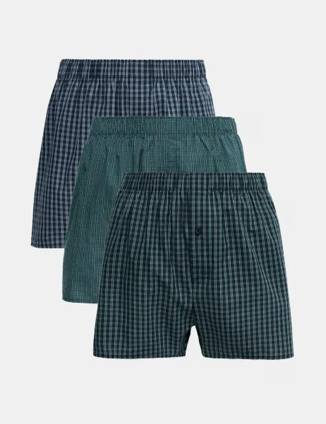 Marks & Spencer 3 Pack Pure Cotton Checked Woven Boxers Teal Mix