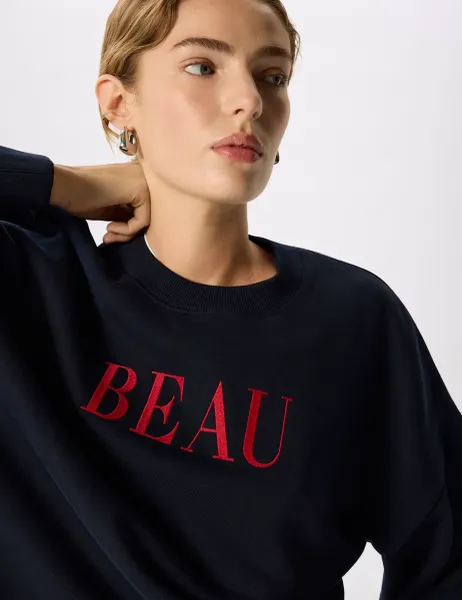 Whistles Pure Cotton Beau Slogan Sweatshirt Navy