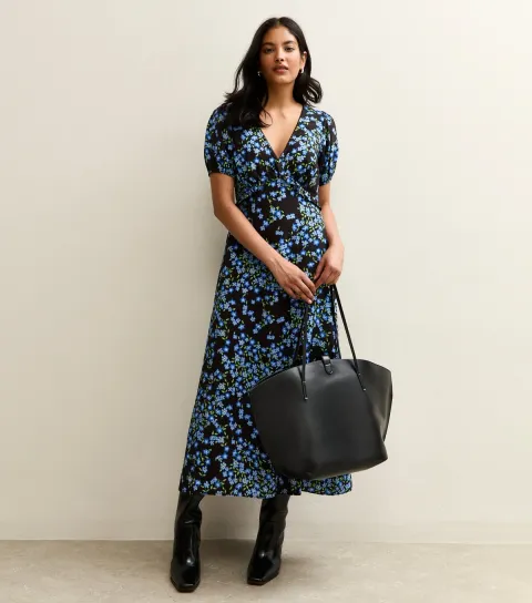 New Look Women's Black Floral Print Short Sleeve Tea Midi Dress