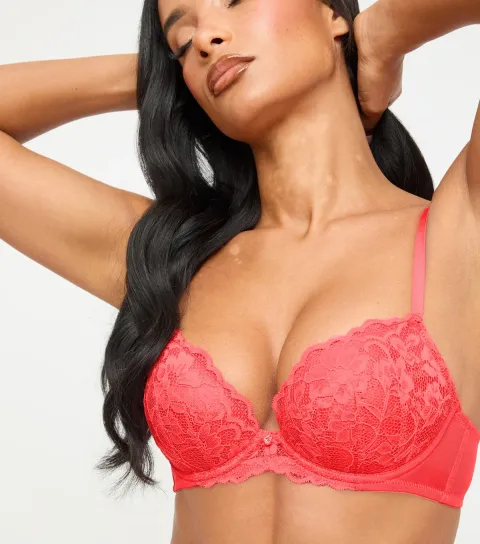 Women's Light Coral Sexy Lace Padded Plunge Bra