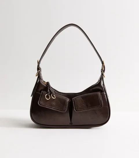 Dark Brown Patent Faux Leather Utility Shoulder Bag