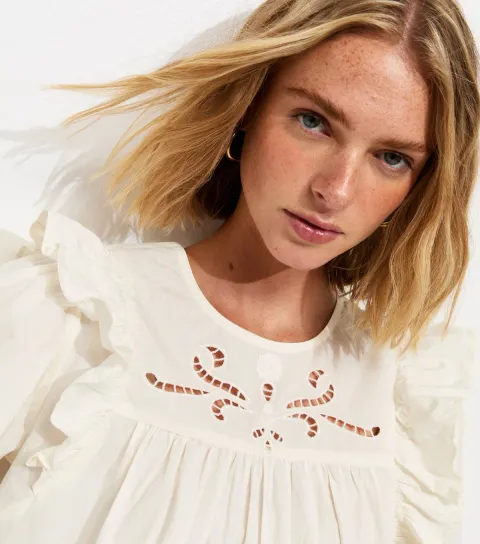 Women's Cream Broderie Anglaise Frill Trim Blouse