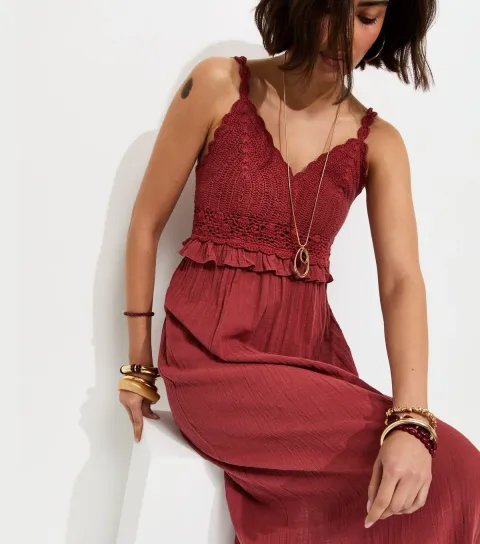 Women's Rust Cotton Crochet Strappy Midi Dress
