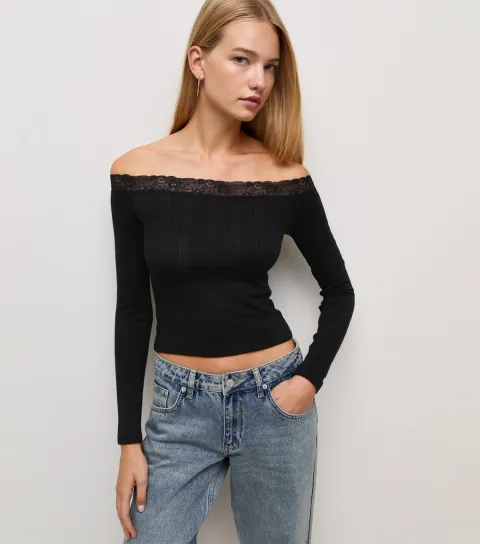 New Look Women's Black Long Sleeve Pointelle Lace Trim Bardot Top