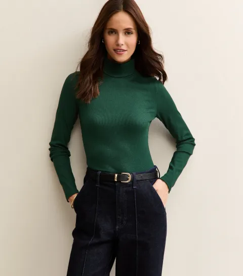 Women's Dark Green Ribbed Long Sleeve Roll Neck Top