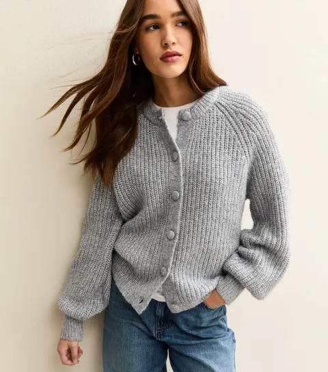 Women's Light Grey Ribbed Knit Raglan Sleeve Cardigan