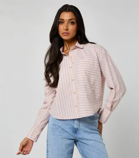 Women's Pink Stripe Print Cropped Poplin Shirt