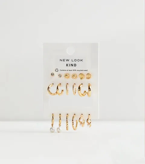 Gold Tone Pack of 9 Mixed Stud and Hoop Earrings