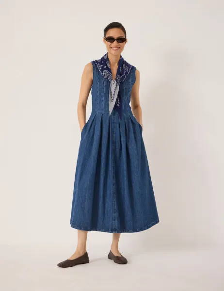 HUSH Denim V-Neck Pleated Midaxi Skater Dress Denim