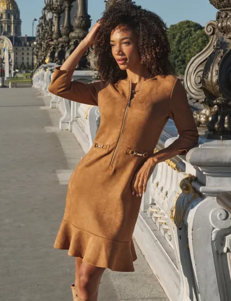 SOSANDAR Faux Suede Zip Front Midi Dress