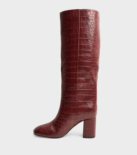 Women's Dark Burgundy Maison Croc Faux Leather Block Heel Boots