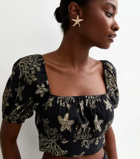 Women's Black Foiled Starfish Embroidered Crop Top