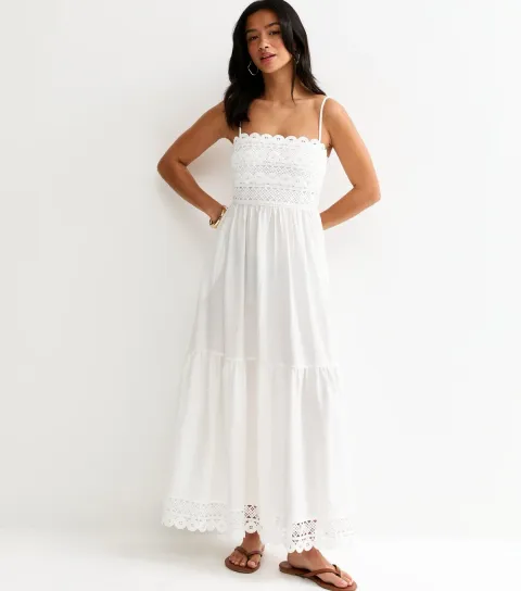 Women's Petite White Crochet Panel Maxi Dress