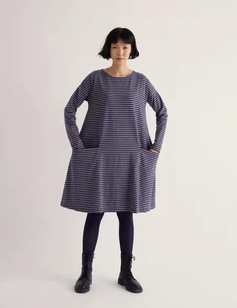 Seasalt Cornwall Cotton Rich Striped Knee Length Shift Dress Purple Mix
