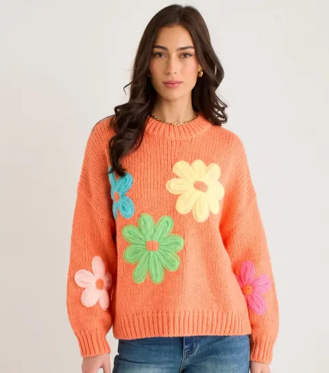 Gini London Women's Orange Floral Crochet Knitted Jumper
