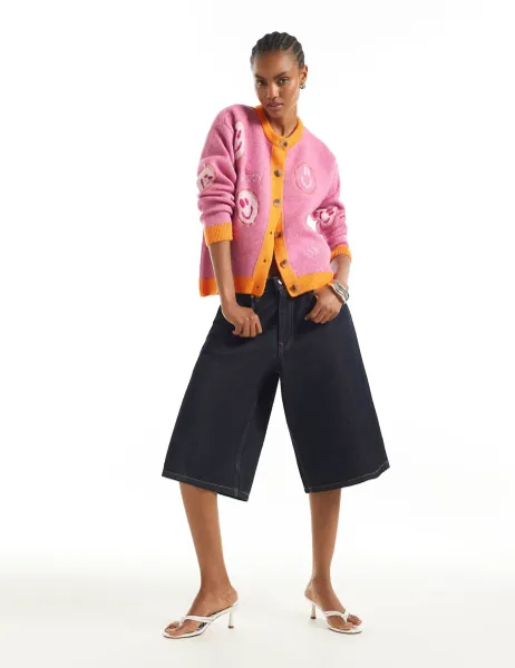River Island Happy Face Relaxed Cardigan Pink Mix