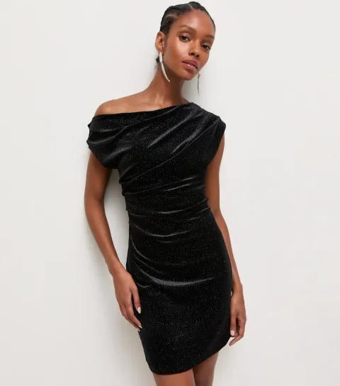 New Look Women's Black Velvet Glitter Fallen Shoulder Mini Dress