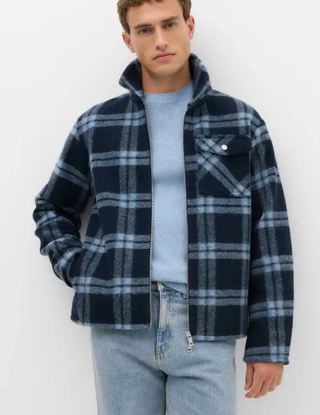 Marks & Spencer Wool Blend Fleece Check Shacket Navy