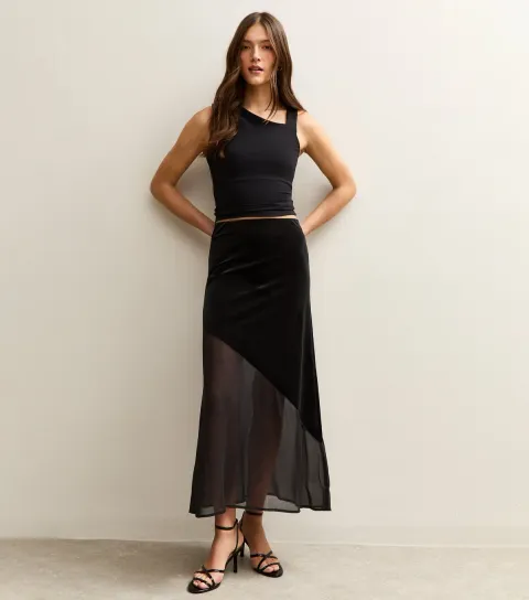 Women's Black Chiffon and Velvet Midi Skirt