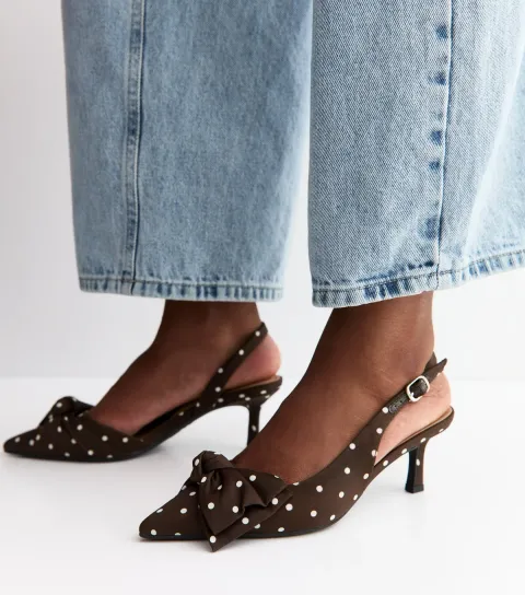 Women's Dark Brown Satin Polka Dot Slingback Court Shoes Vegan